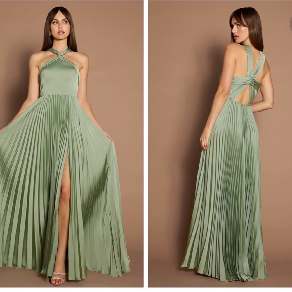 Azazie Atelier Dusty Sage Green Cross-Halter Pleated Evening Gown